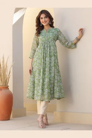 Janasya Women Floral Printed Keyhole Neck Floral Kurta