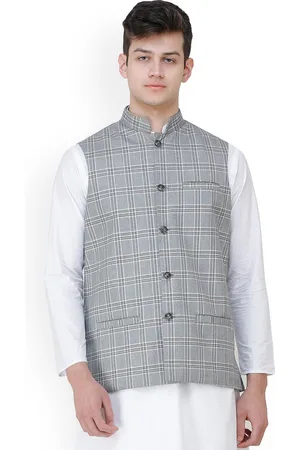 Exotic India Ash Double Check Pattern Polywool Nehru Jacket with Front Pockets