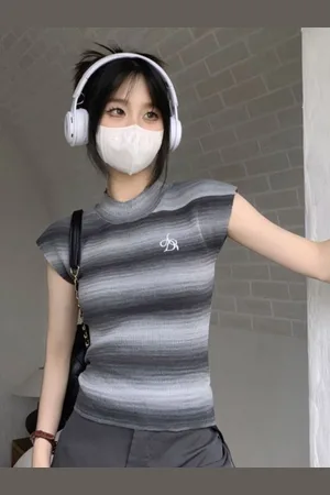 HERE&NOW Womens Cotton Round Neck Cap Sleeves Horizontal Striped Top