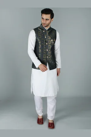 Exotic India Indian Teal Asymmetric Jacquard Silk Modi Jacket Waist Coat with Mukaish Work