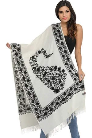 Exotic India Ivory And Black Pure Wool Ari Stole with Embroidered-Beads