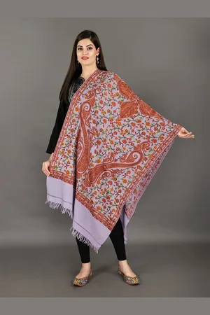 Exotic India Violet Tulle Pure Wool Kashmiri Stole with Aari Hand-Embroidered Flowers