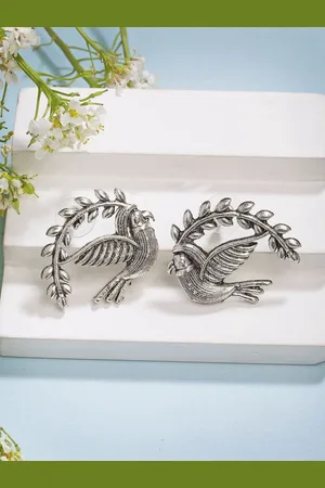 Anouk Women Silver Toned Oxidised Pigeon Design Drop Earrings