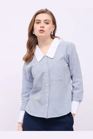 Styli Women Peter Pan Collar Vertical Striped Casual Shirt