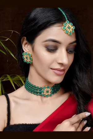 Silvermerc Designs Dare by Voylla Gold Plated & Green Beaded Choker Jewellery Set With Maang Tikka