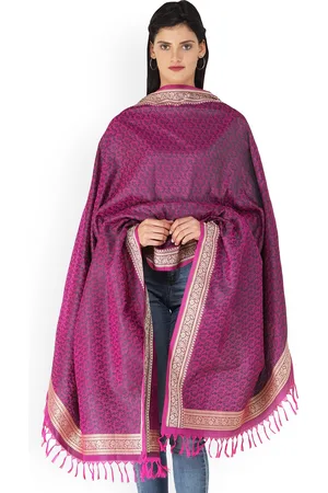 Exotic India Fuchsia Green Hand-Woven Pure Silk Tanchoi Weave Banarasi Shawl