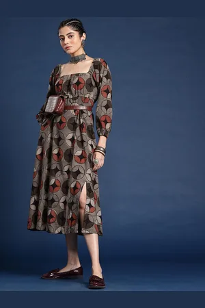 Taavi Dabu Geometric Printed A-Line Pure Cotton Midi Ethnic Dress