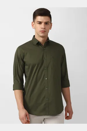 V Dot Men Olive Green Solid Slim Fit Cotton Casual Shirt