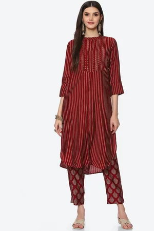 Biba Women Red Striped Kurta with Trouser