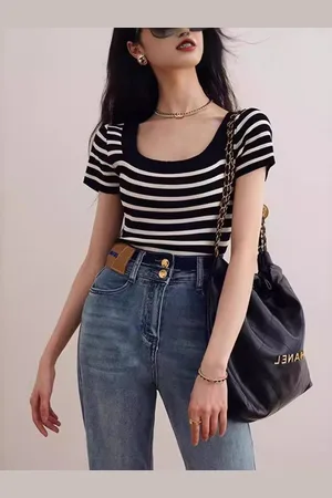HERE&NOW Women Striped Scoop Neck Short Sleeves Top
