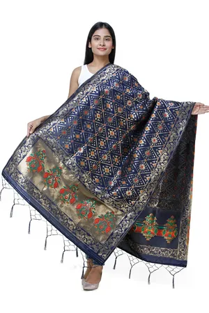 Exotic India Ocean Cavern Brocade Art Silk Dupatta with Birds and Geometric Motifs