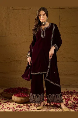 Ahika Purple Floral Embroidered Notch Neck Velvet Straight Kurta With Palazzos & Dupatta