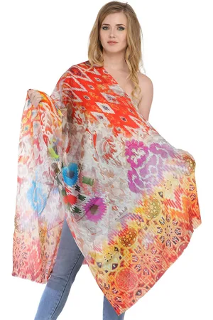 Exotic India Off-White Digital Printed Stole with Florals