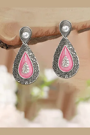 Adwitiya Collection Artificial Stones Silver Plated Oxidised Drop Earrings