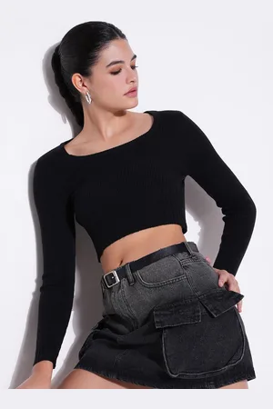 SHOWOFF Women Scoop Neck Long Sleeves Crop Top