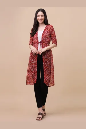 GUFRINA Women Maroon & Orange Printed Longline Tie-Up Shrug