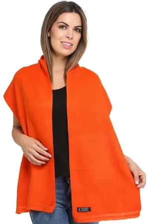 Exotic India Camelia Orange Plain Pure Pashmina Scarf with All-Over Weave