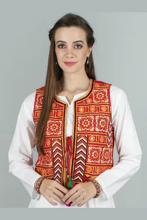 Exotic India Urban Red Waistcoat with Floral Meena Gota Embroidery and Bead Work on Edges