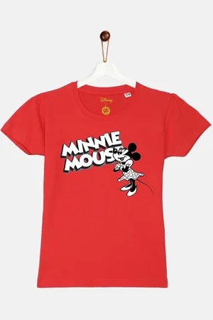 YK Girls Red Minnie Mouse Typography Printed Puff Sleeves T-shirt