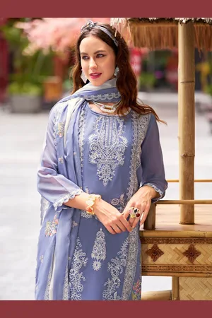 Indo Era Floral Embroidered Round Neck Thread Work Straight Kurta With Trousers & Dupatta