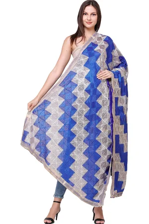 Exotic India Ultramarineblue Phulkari Art Silk Dupatta with Embroidery and Gota Border