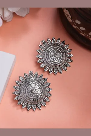 Anouk Women Silver-Plated Oxidized Circular Stud Earrings
