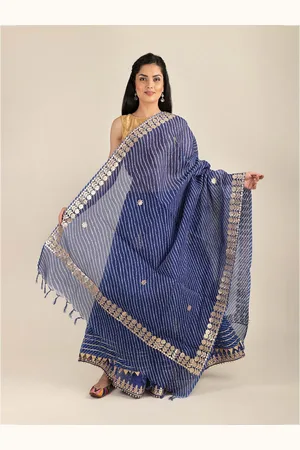 Exotic India Blue Traditional Leheriya Tie-Dye Kota Doria Cotton Jodhpuri Dupatta