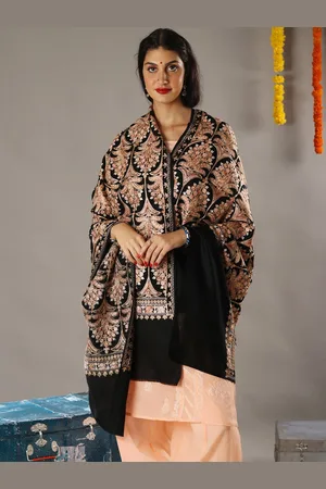 Exotic India Black Pure Wool Chain Stitch Aari Embroidered Mughal Motif Shawl
