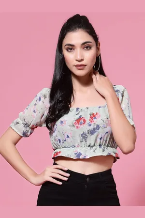 DressBerry Floral Print Puff Sleeve Georgette Bardot Crop Top