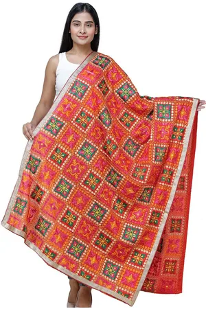 Exotic India Red Phulkari Silk Dupatta with Multicolor Floral Pattern and Zari Border