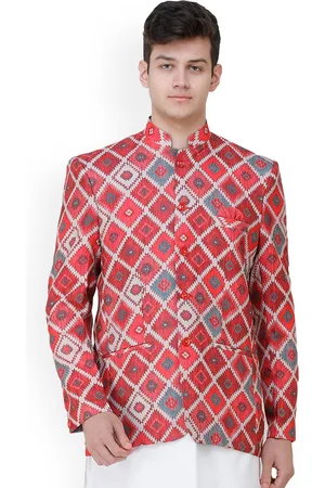 Exotic India Art Silk Garnet Rose Digital-Printed Wedding Blazer