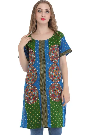 Exotic India Green & Sky Blue Bandhani Tie-Dye Pure Cotton Kurti with Embroidered Patches