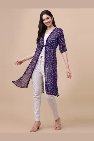 GUFRINA Women Navy Blue & Pink Printed Longline Tie-Up Shrug