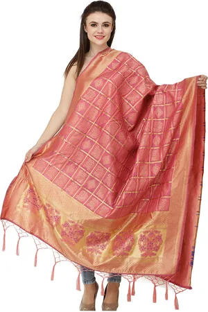 Exotic India Rose Of Sharon Zari Woven Bandhani Gharchola Dupatta with Brocaded Border