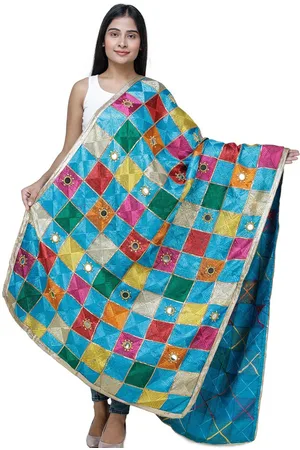 Exotic India Multicolor Embroidered Phulkari Dupatta with Mirrors and Beaded Zari Border