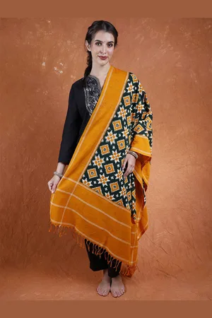 Exotic India Bistro Green Pure Cotton Pochampally Handloom Dupatta with Double Ikat Weave
