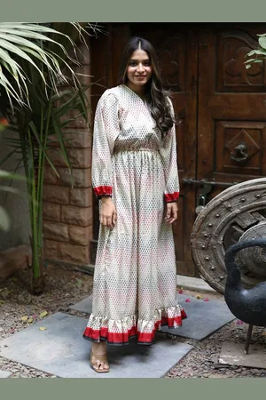 Exotic India Printed V-Neck Vintage Pure Silk Victorian Date Maxi Dress