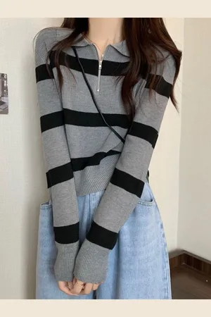 HERE&NOW Women Shirt Collar Long Sleeves Horizontal Stripes Cotton Top