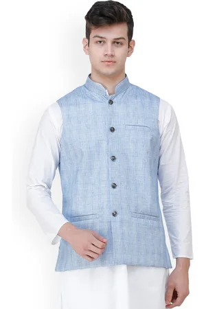 Exotic India Placid Blue Double Check Pattern Nehru Jacket with Front Pockets