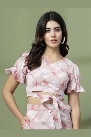 DressBerry Floral Print Puff Sleeve Crepe Wrap Crop Top