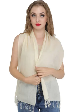 Exotic India Ivory Pure Wool Woven Stripes Pure Wool Scarf