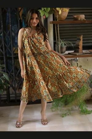 Exotic India Floral Printed Shoulder Straps Vintage Pure Silk Desert Sun Ruffle Dress
