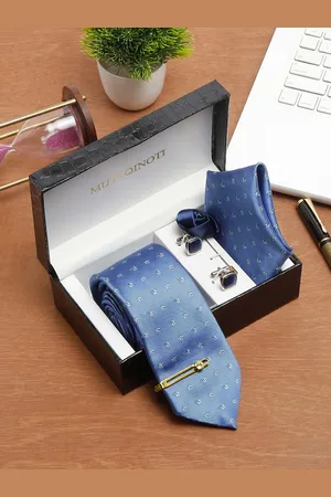 MUTAQINOTI Men Floral Light Blue Silk Necktie Accessory Gift Set