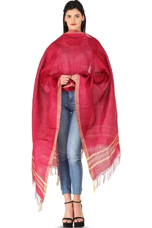 Exotic India Rumba Red Woven Stripes on Border Viscose Plain Dupatta