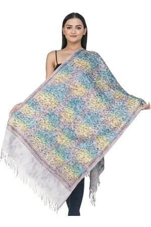 Exotic India Violet Ice Aari Woolen Shaded Stole with Embroidered Flowers
