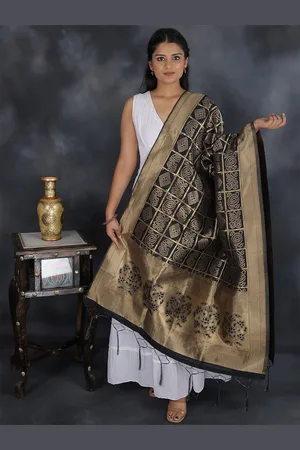 Exotic India Jet Black Zari Woven Bandhani Gharchola Silk Dupatta with Brocaded Border