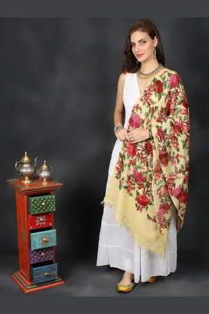Exotic India Buttercream Aari Hand-Embroidered Floral Motifs Woolen Kashmiri Stole