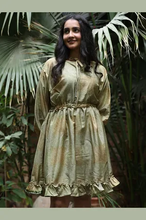 Exotic India Tie-Up Neck Vintage Pure Silk Vaccay Fit & Flare Dress