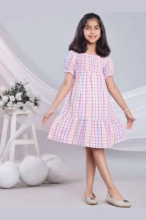 BAESD Girls Checked Pure Cotton Fit & Flare Knee Length Dress