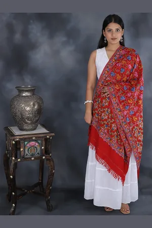 Exotic India Aari Hand-Embroidered Chinar Leaves Pure Wool Kashmiri Stole